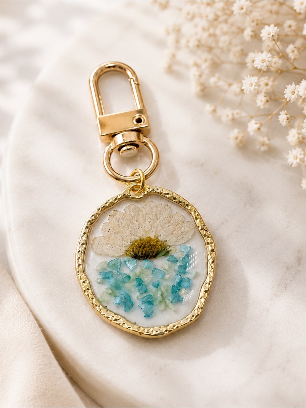 Pressed Flower Resin Charm Keychain Gold Tone Bag Charm